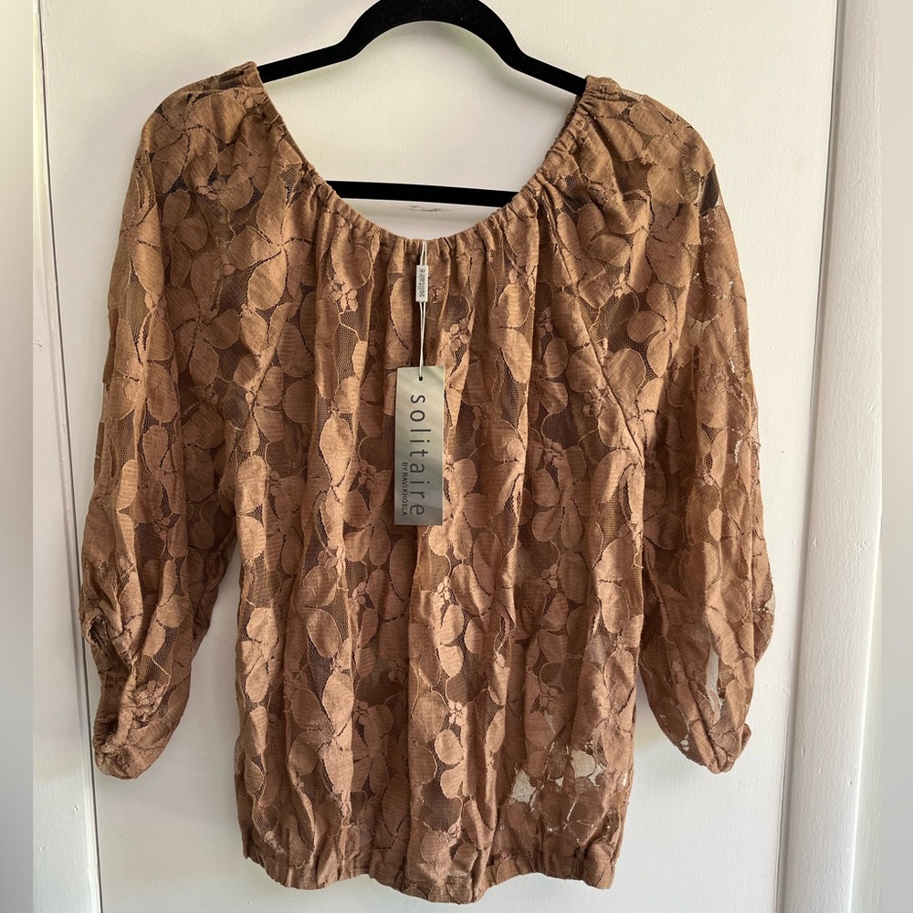 Solitaire Tan Smocked Blouse with Flutter Sleeves NWT M